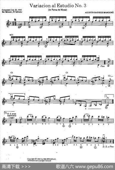 VariacionalEstudioNo.3（古典吉他）|奥古斯汀·巴里奥斯·曼戈雷（AgustinBarriosMangore）