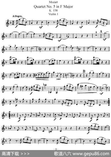 曲谱・Violin1分谱【Mozart《QuartetNo.5inFMajor・K.158》】[pdf]下载