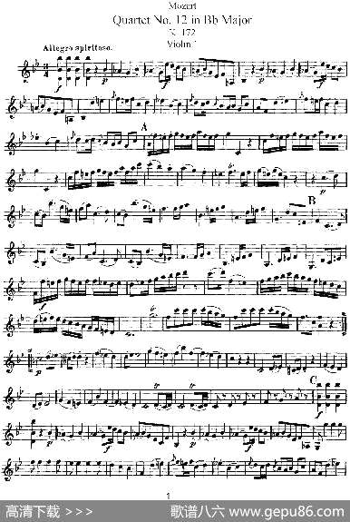 曲谱・Violin1分谱【Mozart《QuartetNo.12inBbMajor・K.172》】[pdf]下载