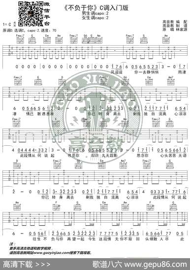 曲谱【抖音热曲《不负于你》吉他谱C调入门版高音教编配猴哥吉他教学】[pdf]下载