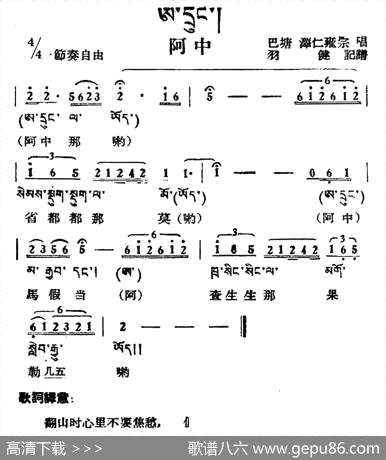 曲谱・藏族民歌/藏文及音译版【阿中】[pdf]下载_A41644M