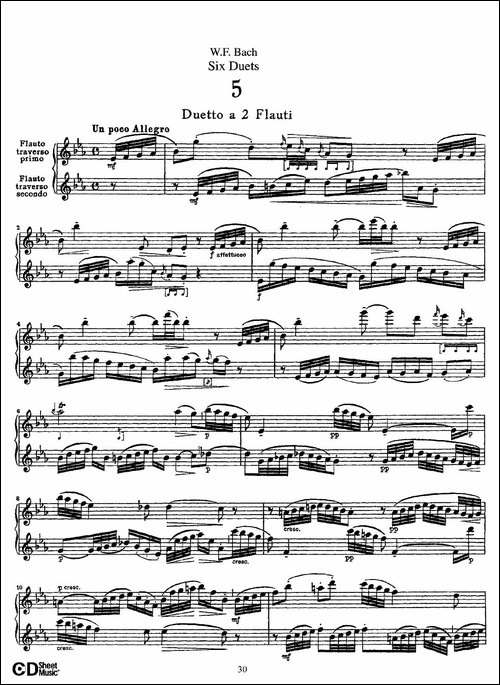 W.F.巴赫—六首二重奏练习曲-5-长笛五线谱|长笛谱