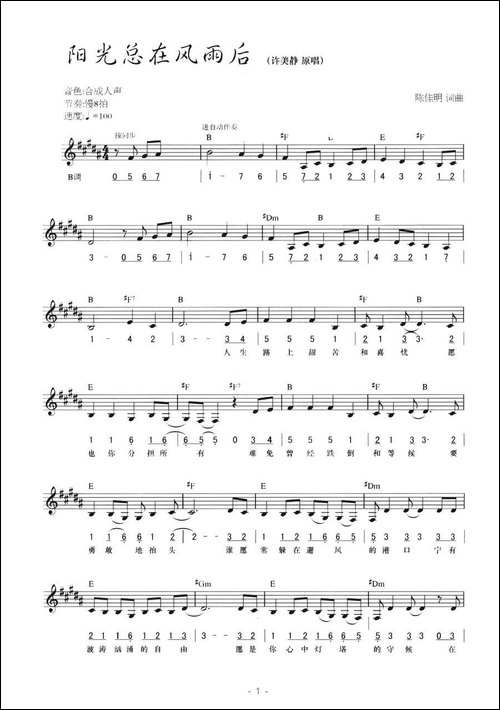 阳光总在风雨后-线简混-电子琴谱