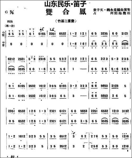双合凤-山东民乐、笛子-笛箫简谱|笛箫谱