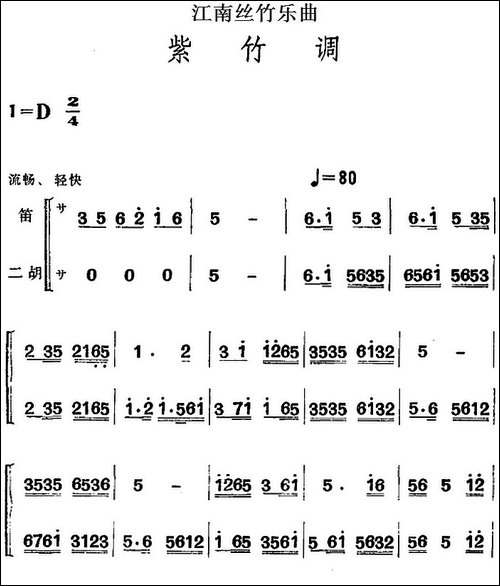江南丝竹乐曲：紫竹调-笛+二胡-笛箫简谱|笛箫谱