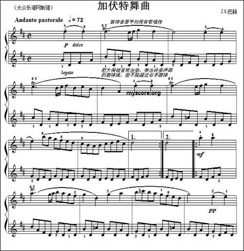 巴赫初级钢琴曲之十九：加伏特舞曲-钢琴谱