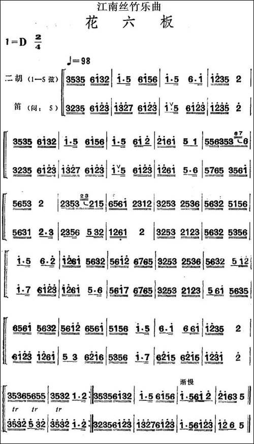 江南丝竹乐曲：花六板-二胡+笛-胡琴