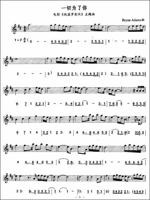 一切为了你-电影《侠盗罗宾汉》主题曲-线简谱对照版-吉他谱